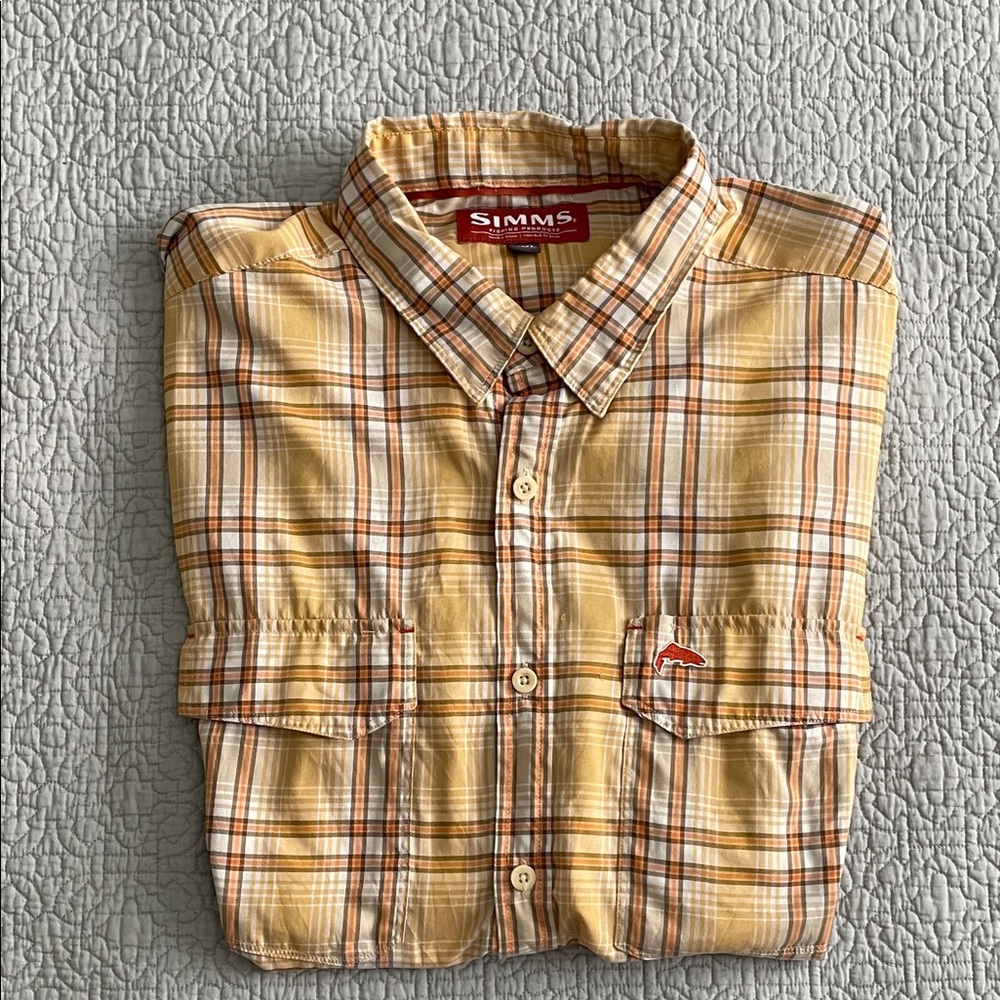 Simms Yellow Orange Plaid Lightweight Performance Fishing Shirt XXL Convertible
